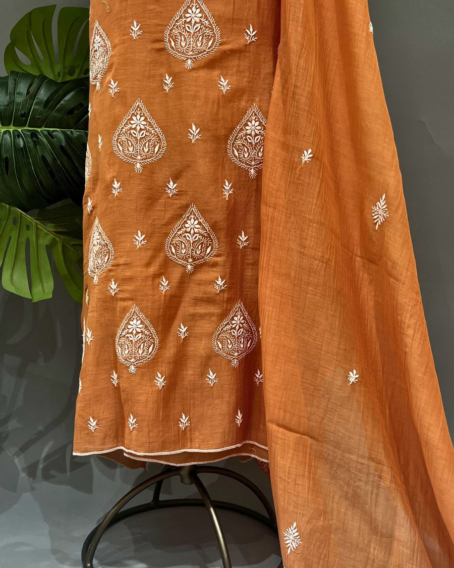 Mul Chanderi Chikankari Unstich 2pc suit - Rusty Orange