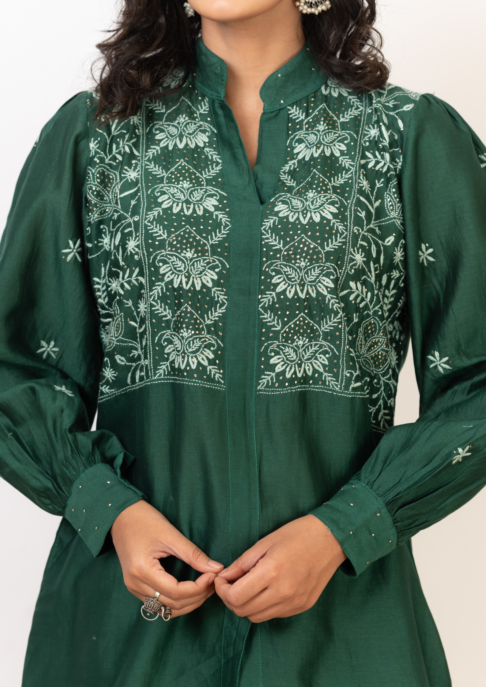 Chanderi chikankari coord set - emerald green