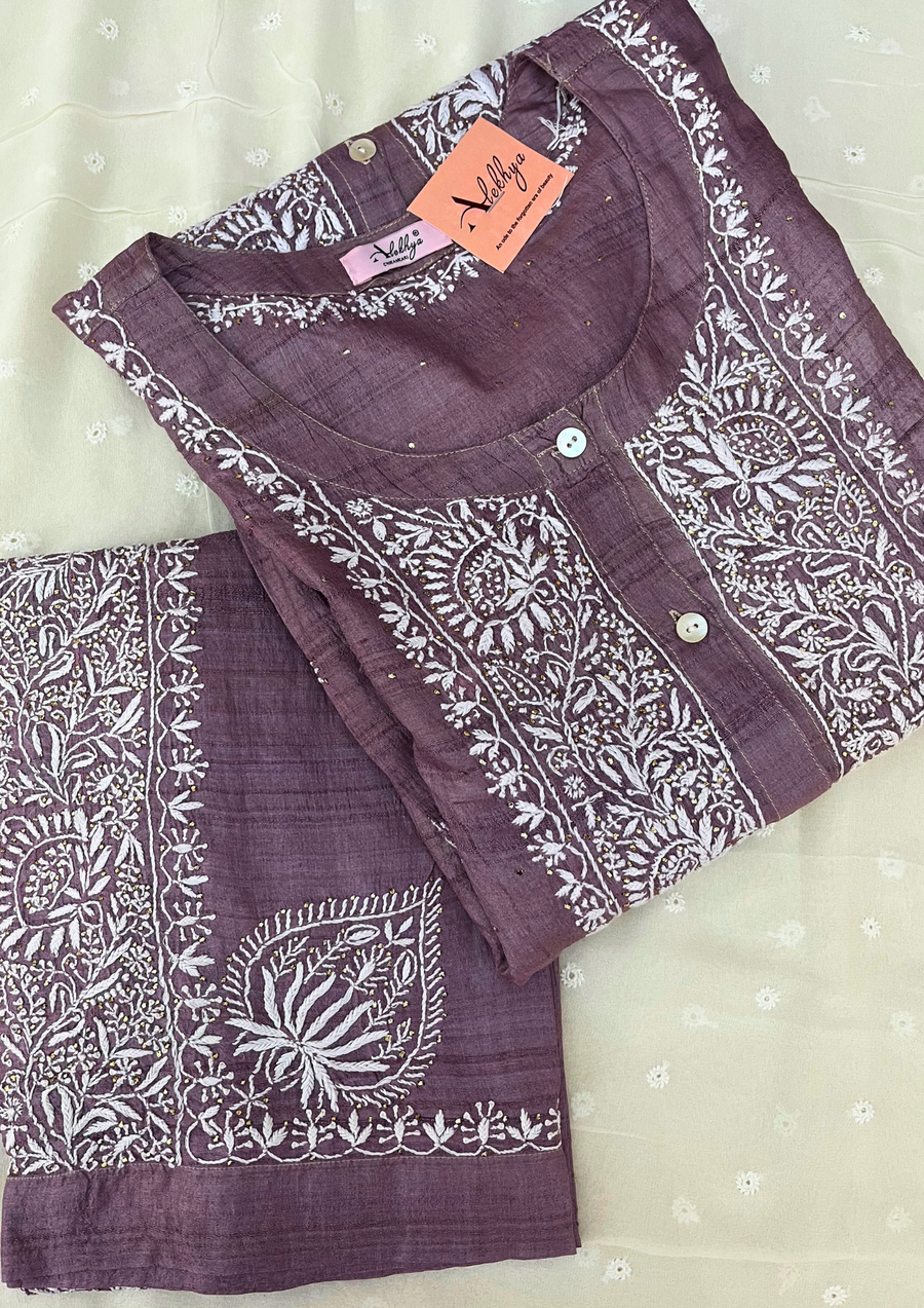 Chikankari Semistitched Tusser Silk Co-ord Set - Violet