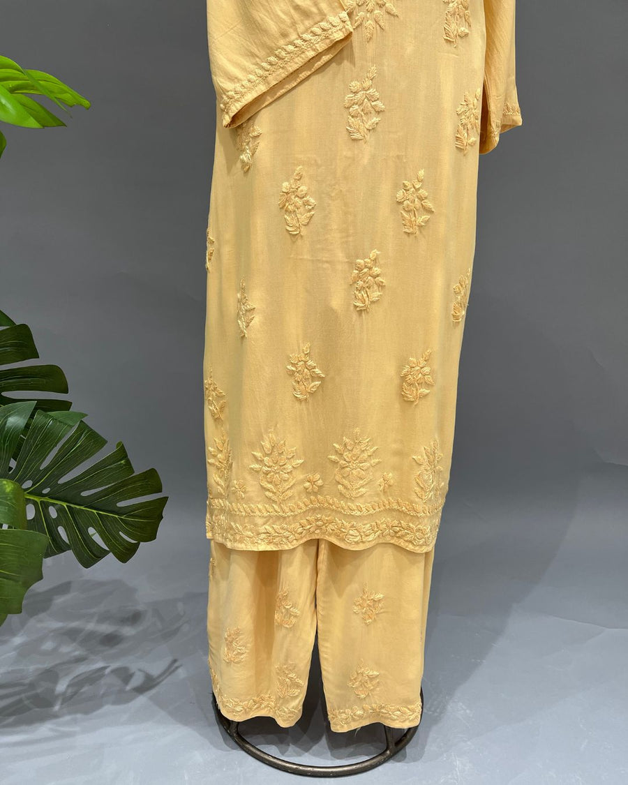 Rayon Chikankari Kurta and Bottom set - Mustard Yellow