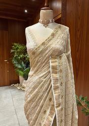 Tissue Chikankari Saree - Natural Gold