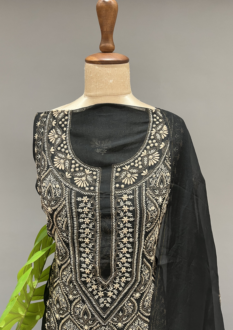 Chikankari Unstitched Organza Suit Set - Black