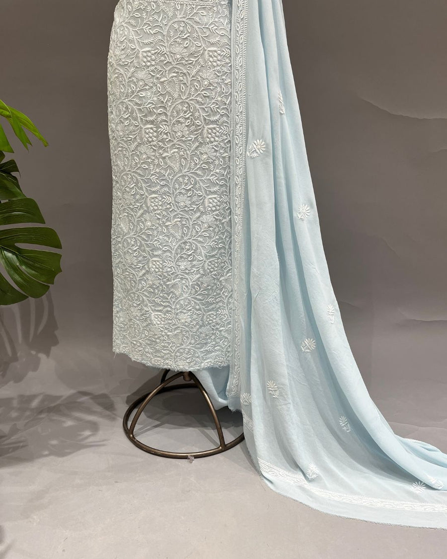 Pure Georgette Chikankari Unstitched 2pc Suit - Periwrinkle Blue