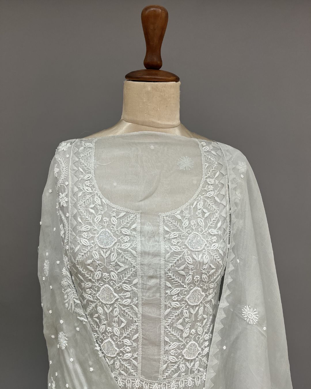 Organza Chikankari Unstitch 2pc Suit - Greyish Blue