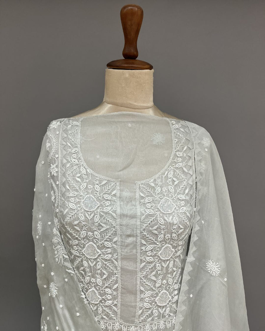 Organza Chikankari Unstitch 2pc Suit - Greyish Blue