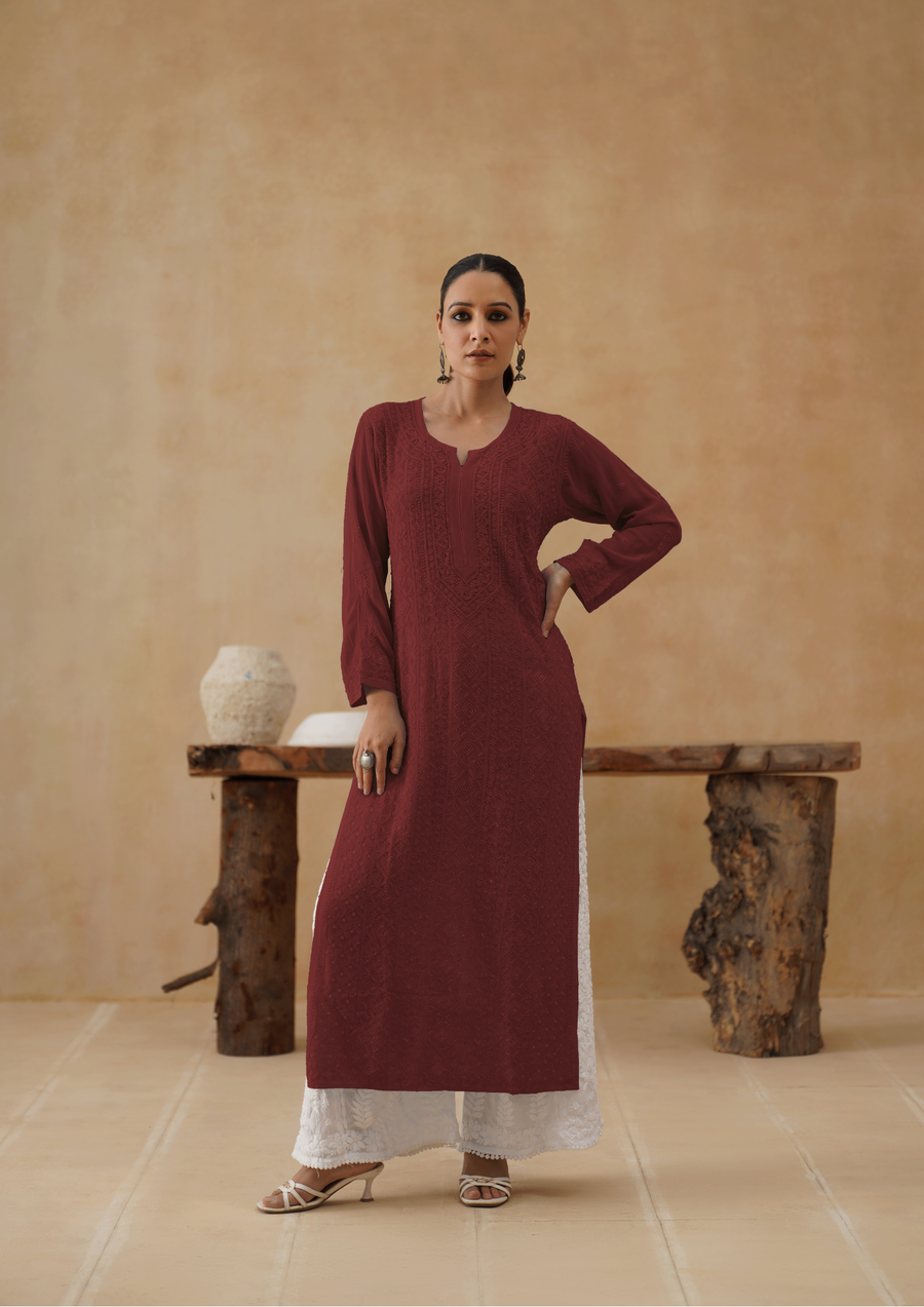 Georgette Chikankari Long Kurti- Red Inferno