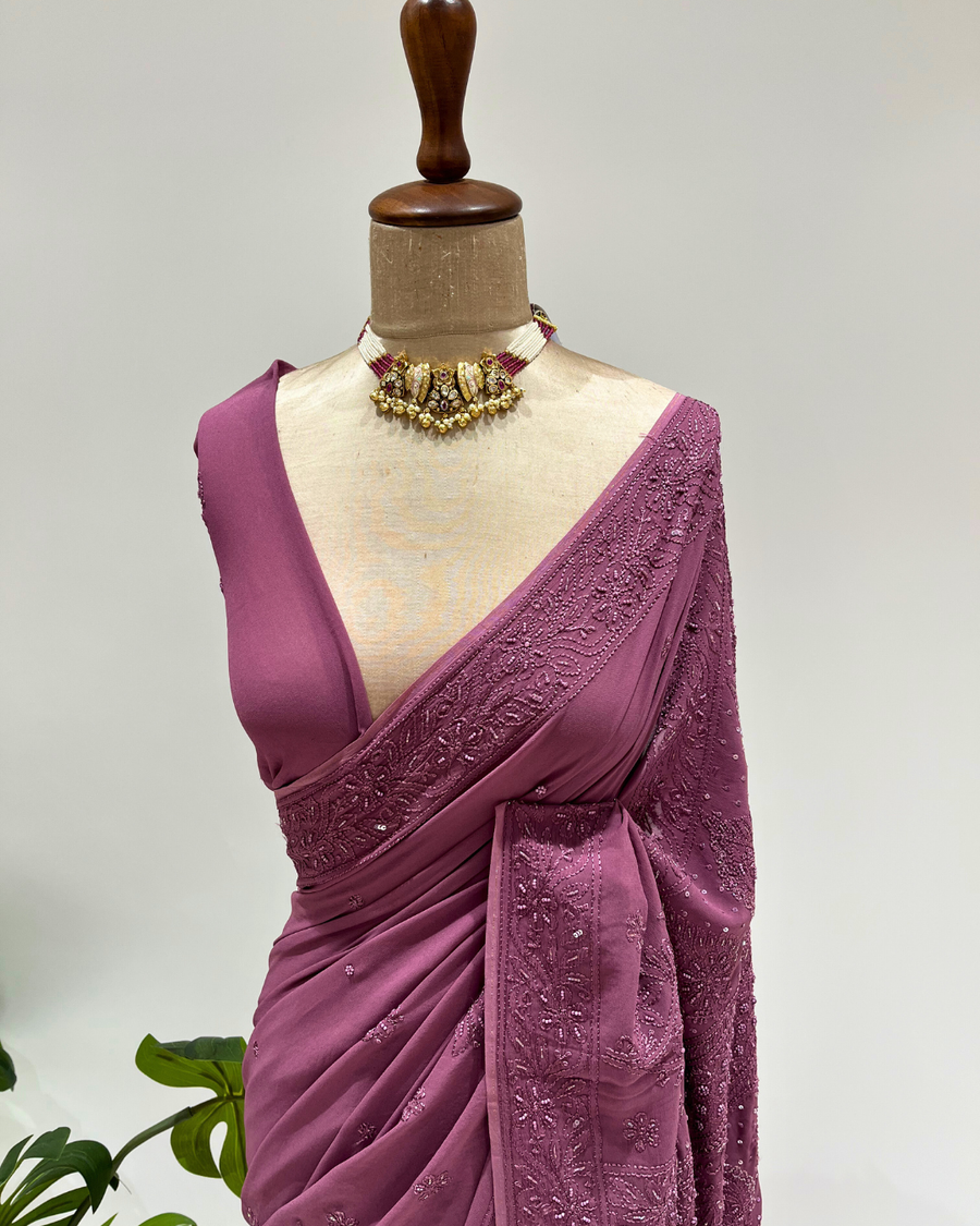 Chikankari Viscose Saree - Light Plum