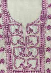 Chikankari Mul Chanderi Unstitched Suit - White and Plum