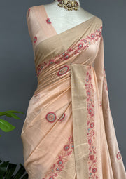 Chanderi Chikankari Saree - Carrot Orange
