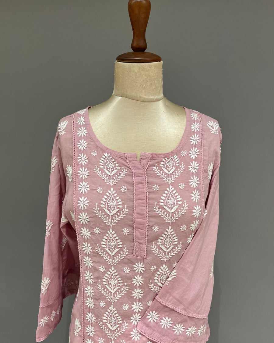 Mul Cotton Chikankari Long Kurti - Rose Pink