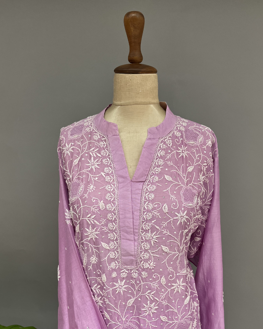 Chanderi Chikankari Co ord Set - Lilac