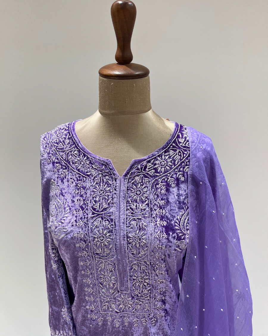 Velvet Chikankari Unstitched 2pc Suit Set - Amethyst Purple