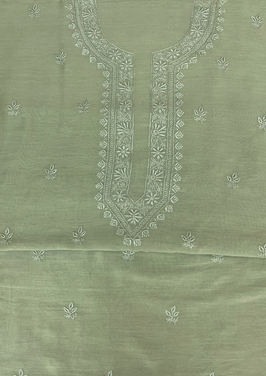 Chanderi Chikankari Unstitched Mens Kurta - Sage Green