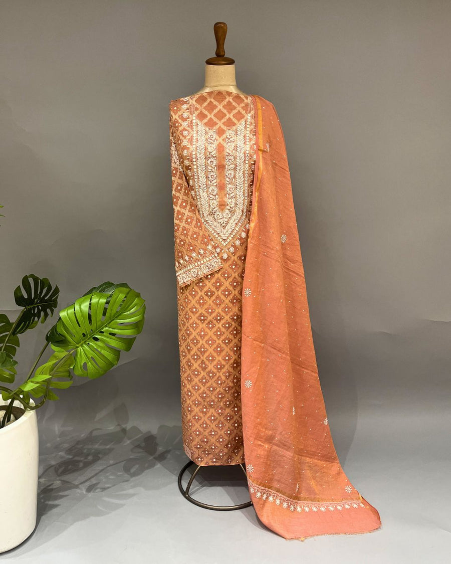 Tissue Chikankari Unstitch 2pc Suit - Orange Zest