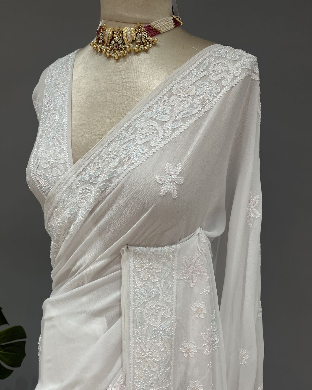 Viscose Chikankari Saree - White & Blue