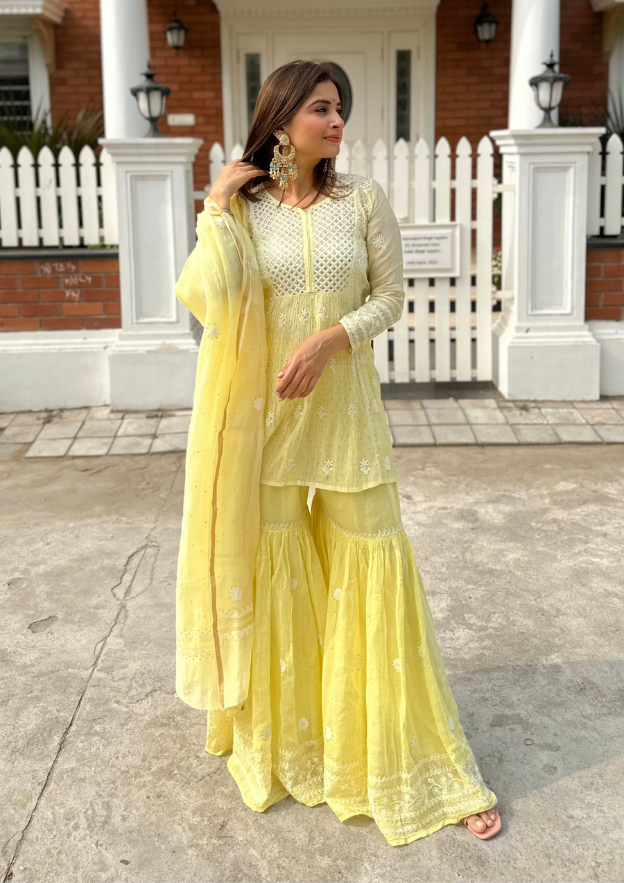 Mul Chanderi Chikankari Sharara - Bright Yellow