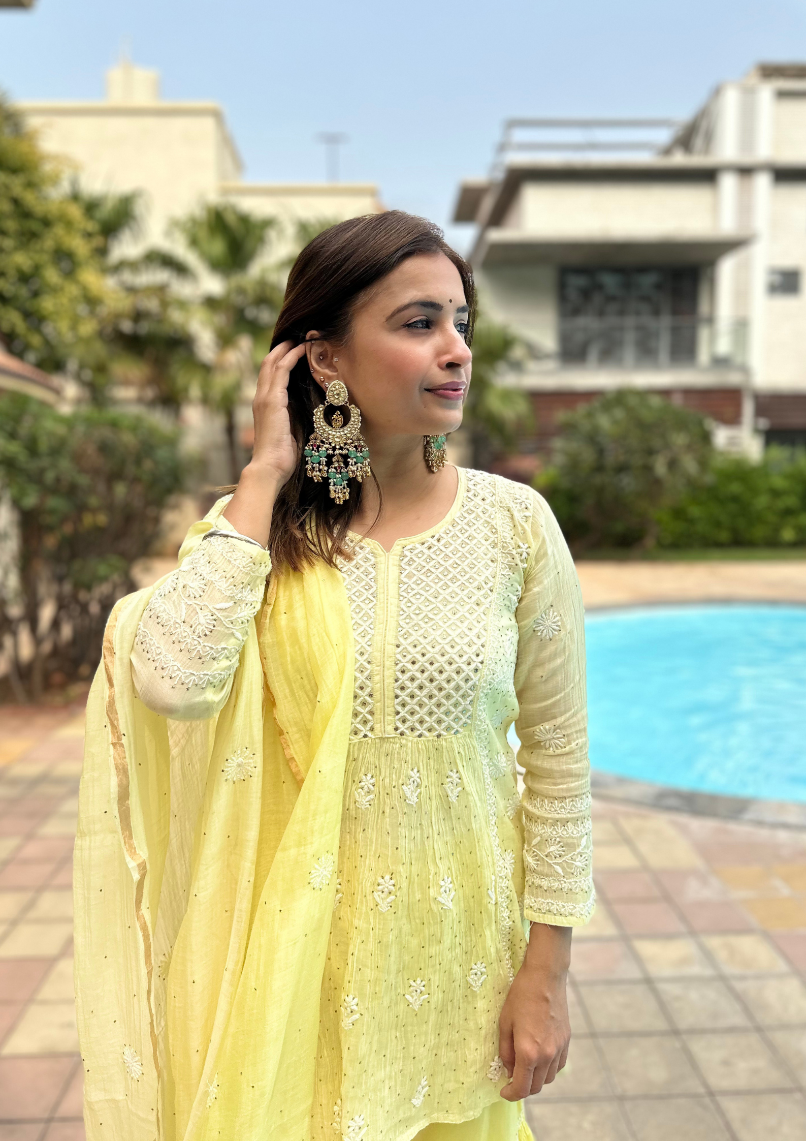 Mul Chanderi Chikankari Sharara - Bright Yellow