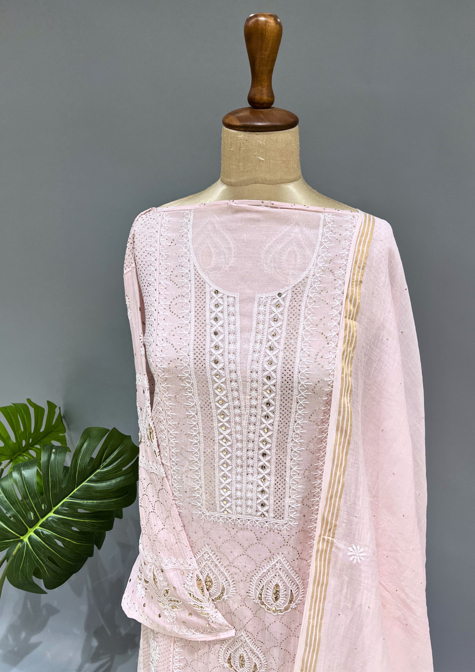 Chikankari Mul Chanderi Anarkali Set - Blush Pink