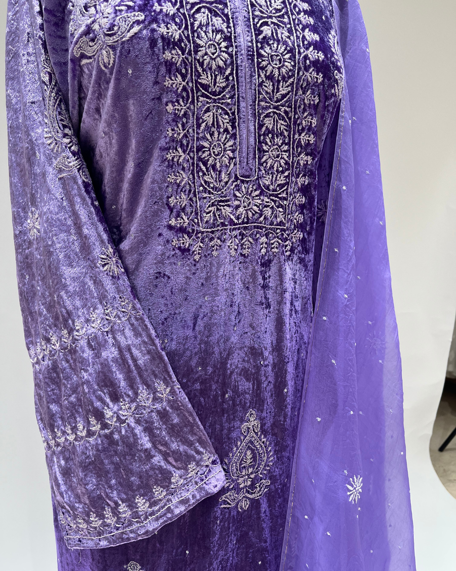 Velvet Chikankari Unstitched 2pc Suit Set - Amethyst Purple