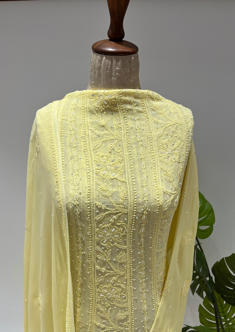 Viscose Chikankari Semistitched Anarkali - Sunshine Yellow