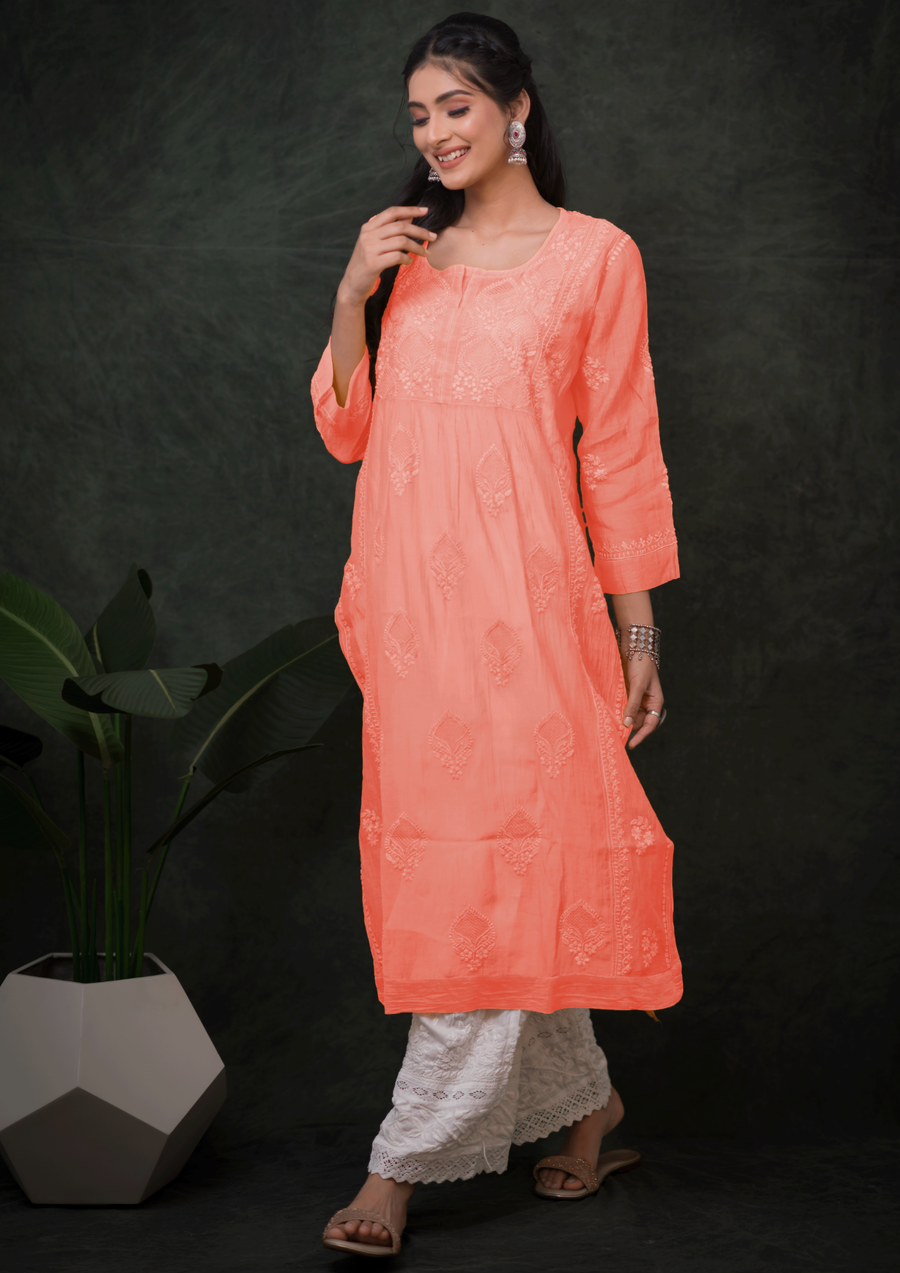 Mul Chikankari Long Kurti - Flamingo