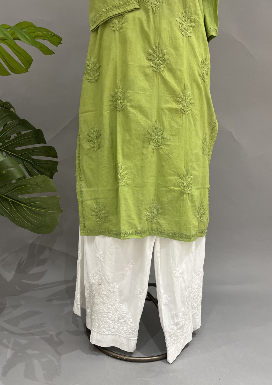 Cotton Chikankari Kurti - Tea Green