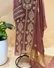 Chikankari Semistitched Tissue Straight Suit Set  - Rust