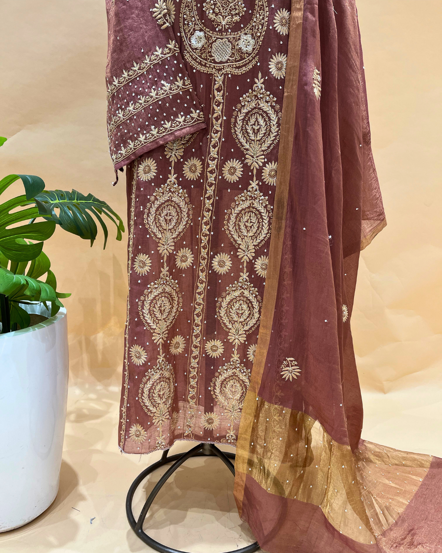 Chikankari Semistitched Tissue Straight Suit Set  - Rust