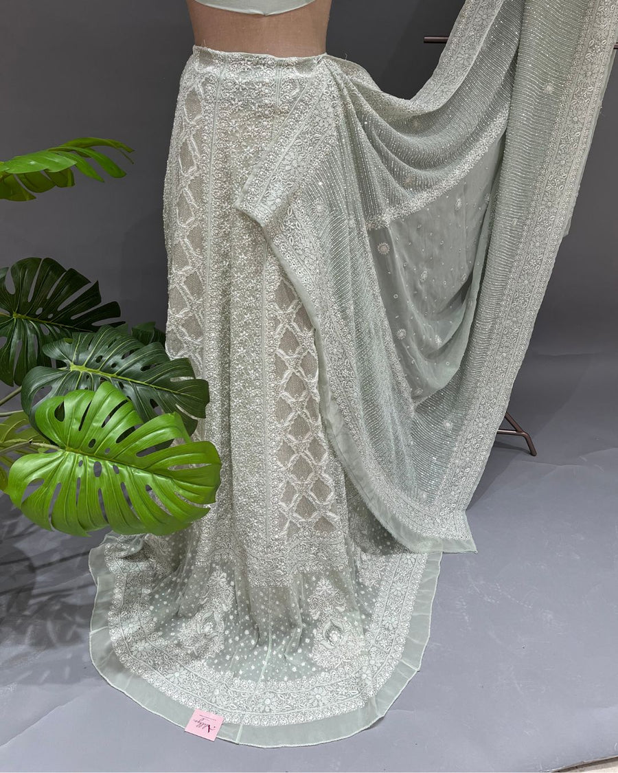 Pure Georgette Chikankari Unstitched Lehnga - Mint Green
