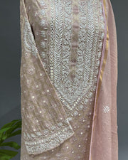 Banarsi Chanderi Chikankari Semistitch 2pc Suit - Nude Pink