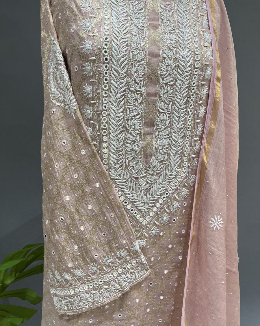 Banarsi Chanderi Chikankari Semistitch 2pc Suit - Nude Pink
