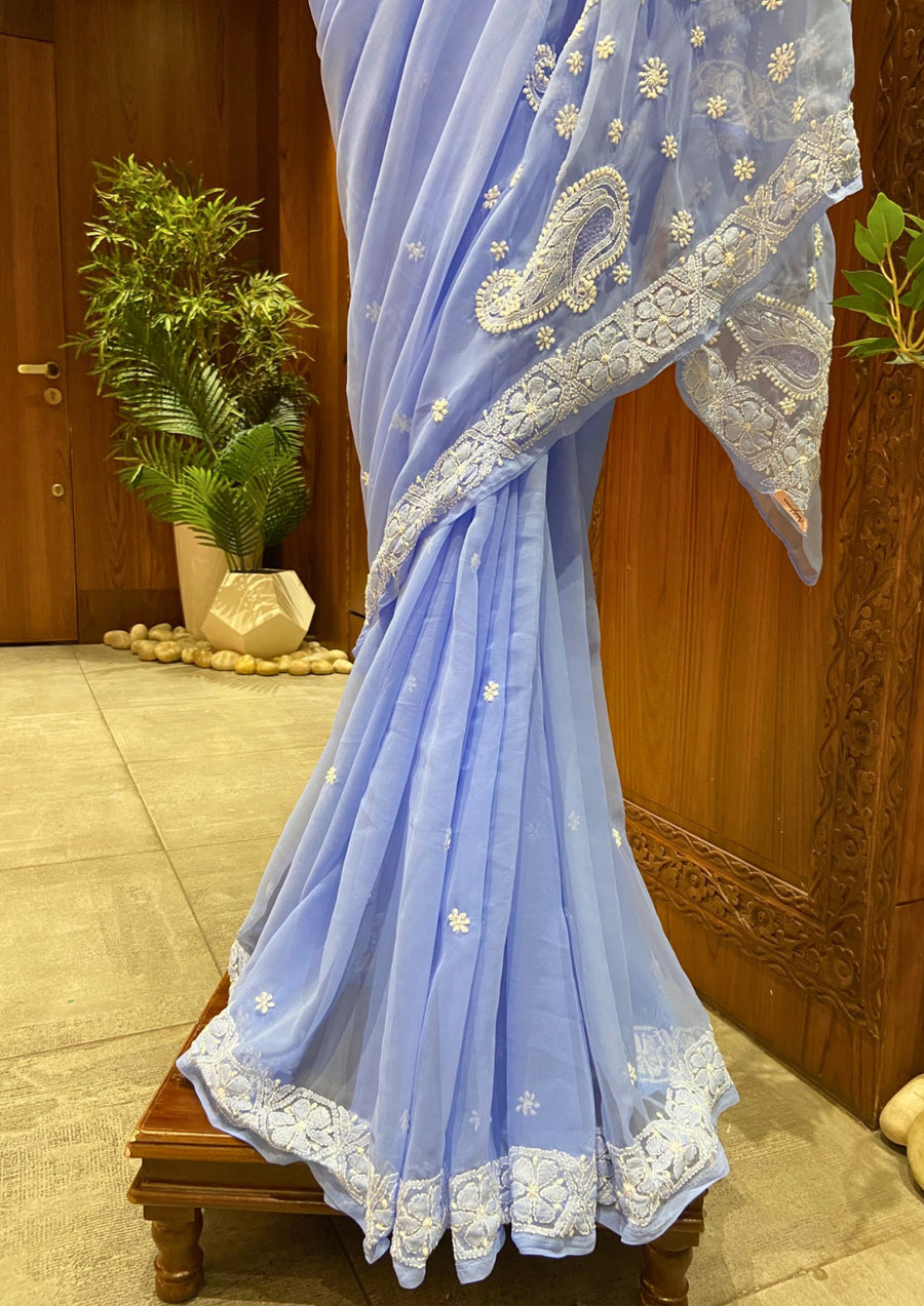 Chikan Saree Georgette - Blue