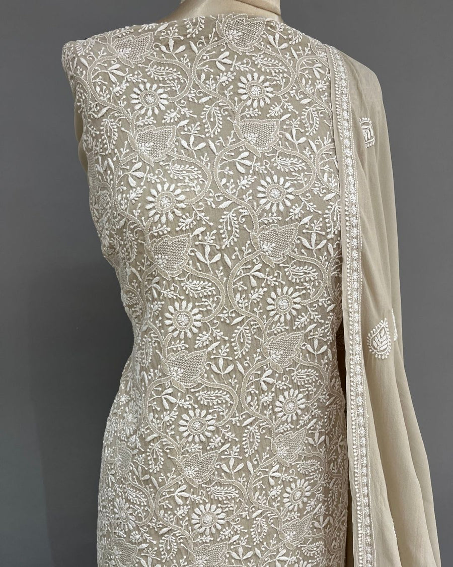 Pure Georgette Chikankari Unstitched 2pc Suit - Gris Pastel