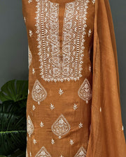 Mul Chanderi Chikankari Unstich 2pc suit - Rusty Orange