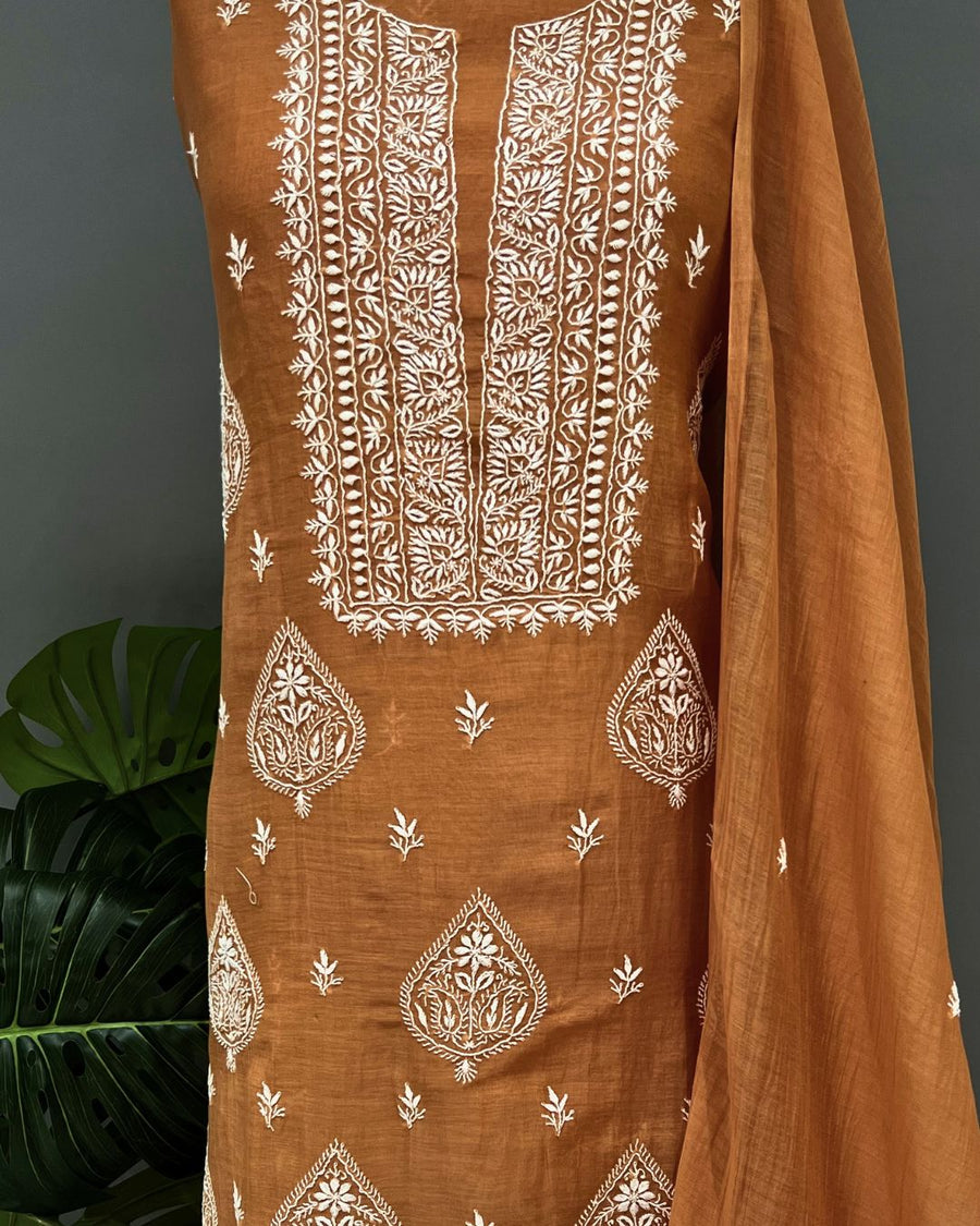 Mul Chanderi Chikankari Unstich 2pc suit - Rusty Orange