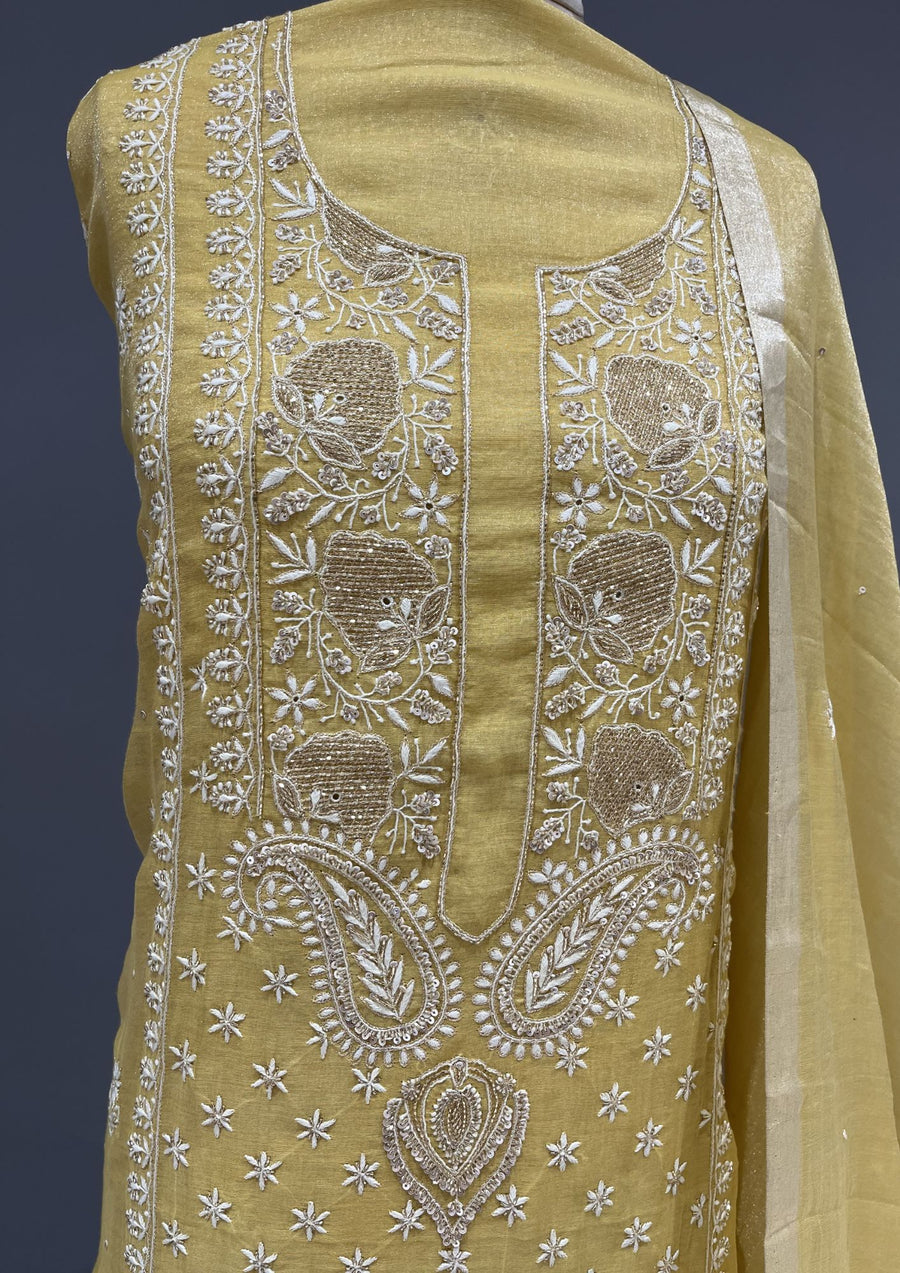 Tissue Chikankari Unstitch 2pc Suit - Parmesan Yellow