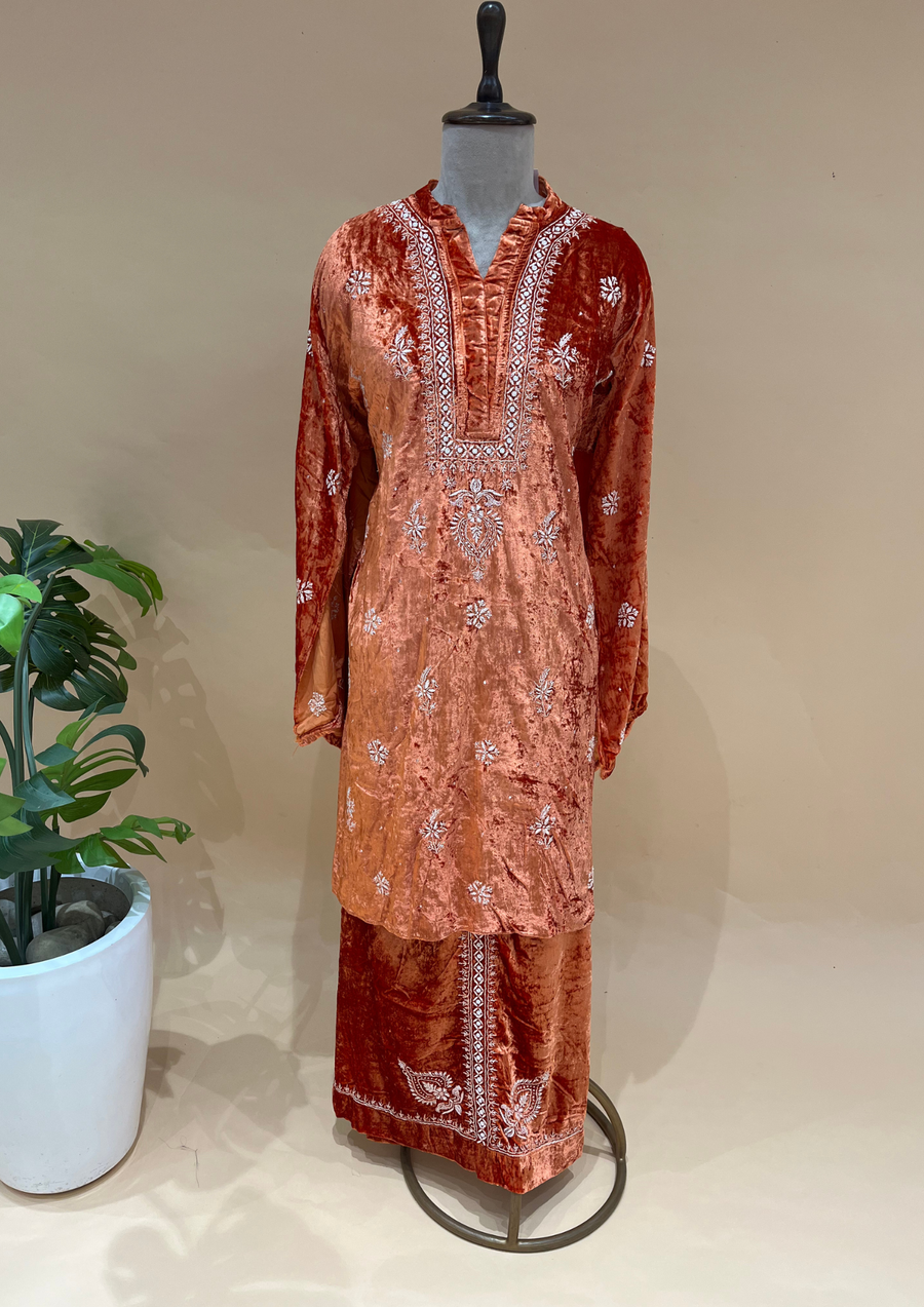 Velvet Chikankari Unstitched Coord Set - Rust Orange