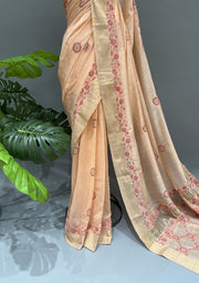 Chanderi Chikankari Saree - Carrot Orange