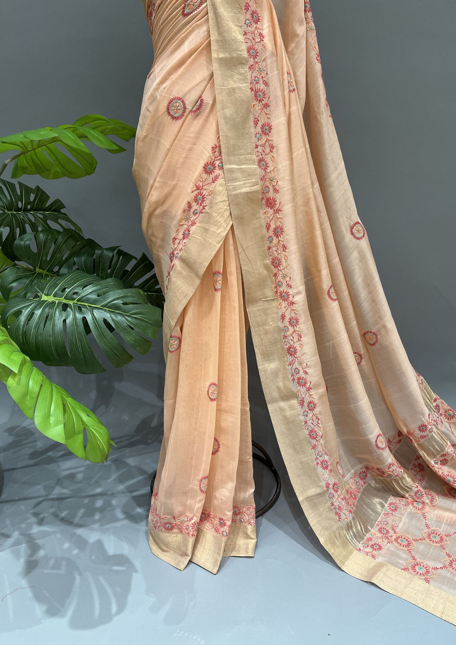 Chanderi Chikankari Saree - Carrot Orange