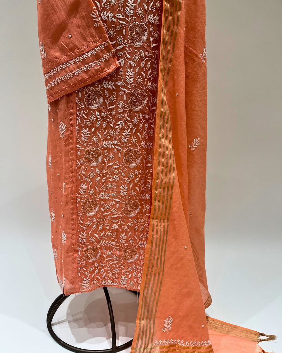 Mul Chikankari Unstitched 2pc Suit - Melon Orange