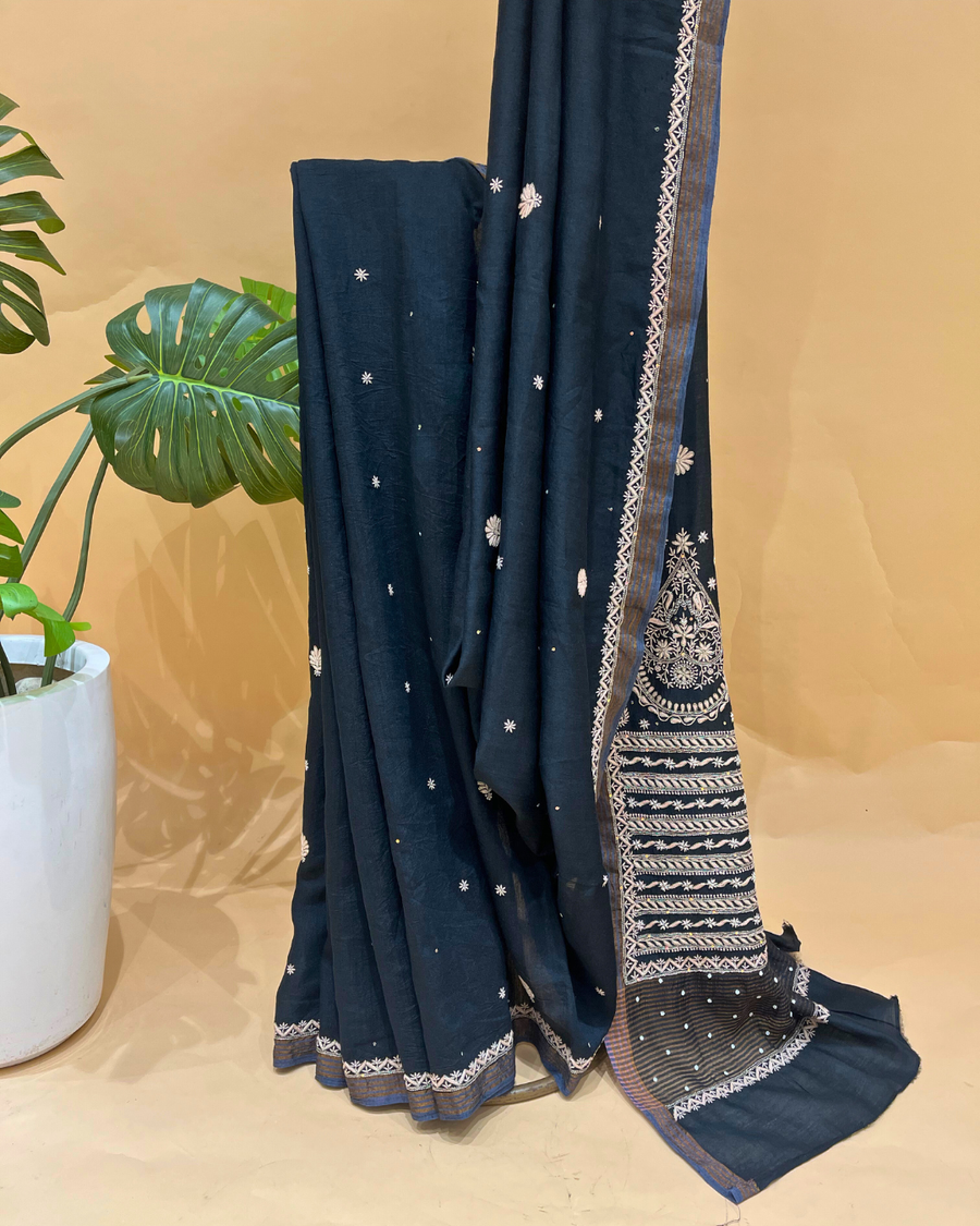 Chikankari Munga Silk Saree - Black