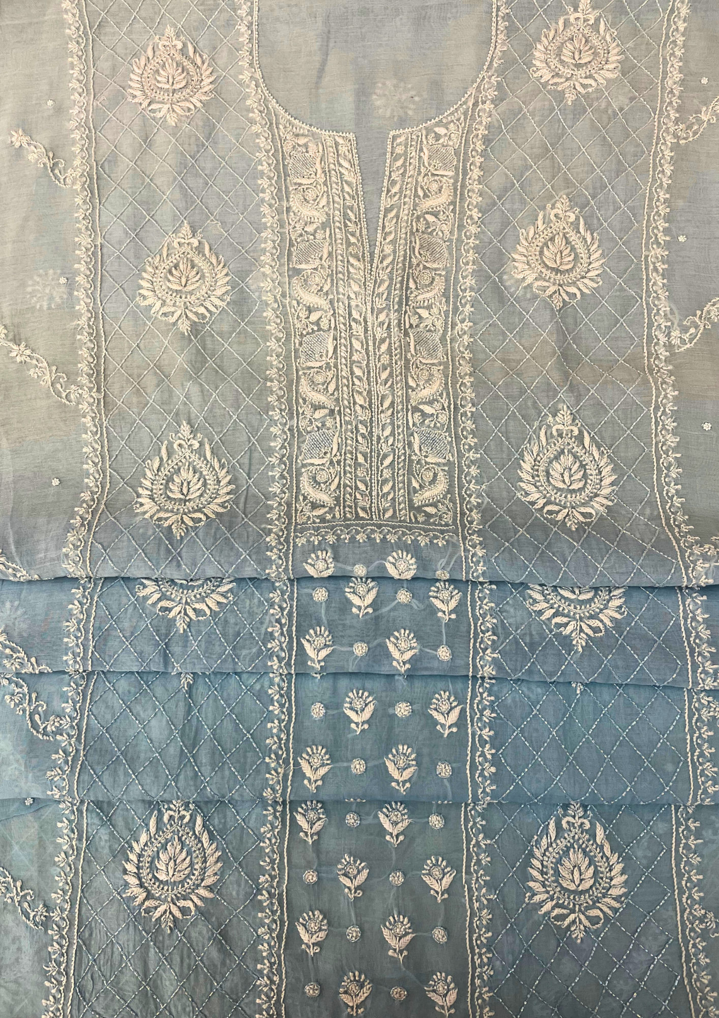 Chikankari Mul Chanderi Unstitched 2Pc Suit - Powder Blue