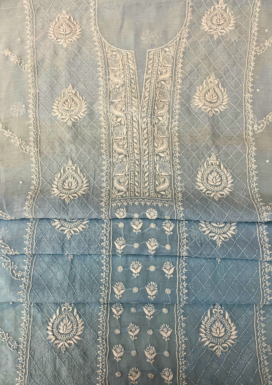 Chikankari Mul Chanderi Unstitched 2Pc Suit - Powder Blue