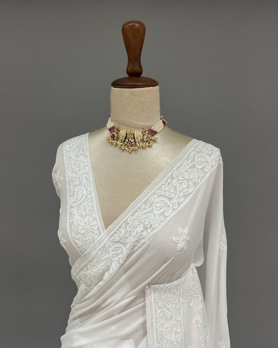 Viscose Chikankari Saree - White & Blue