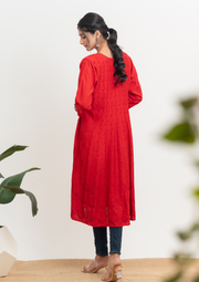 Chanderi Chikankari A-line Kurta - Red