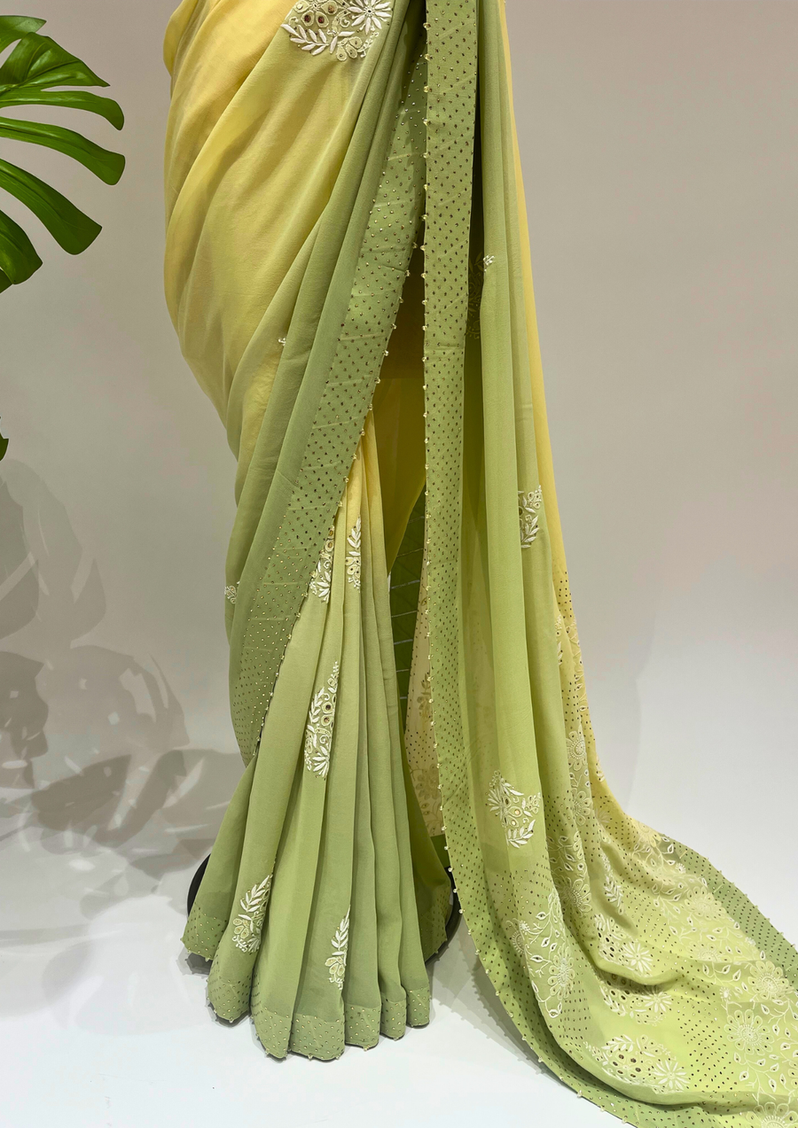 Pure Georgette Chikankari Saree - Lime Green And Yellow Shaded
