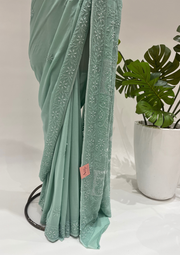 Viscose Chikankari Saree - Teal Green