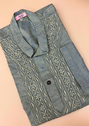Linen Chikankari Stitched Mens Kurta- Teal Green