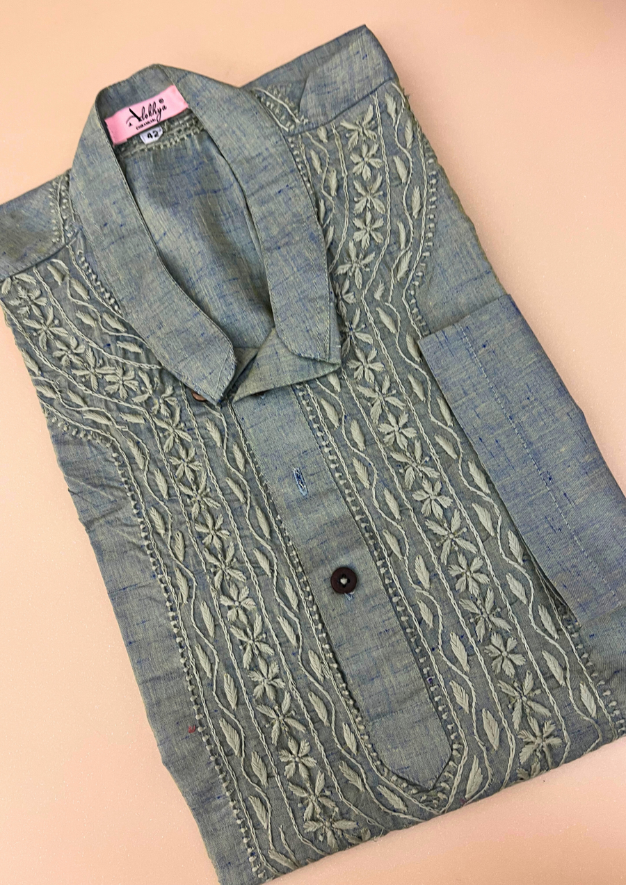 Linen Chikankari Stitched Mens Kurta- Teal Green