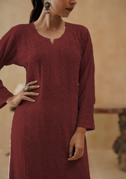 Georgette Chikankari Long Kurti- Red Inferno